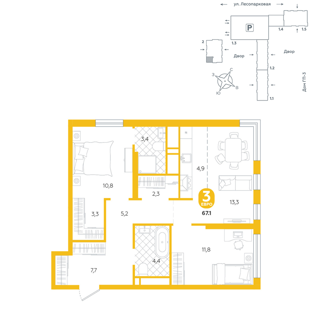 Планировка: Евротрешка 67.1 м² в ЖК Чистые пруды, Лесобаза: Тура