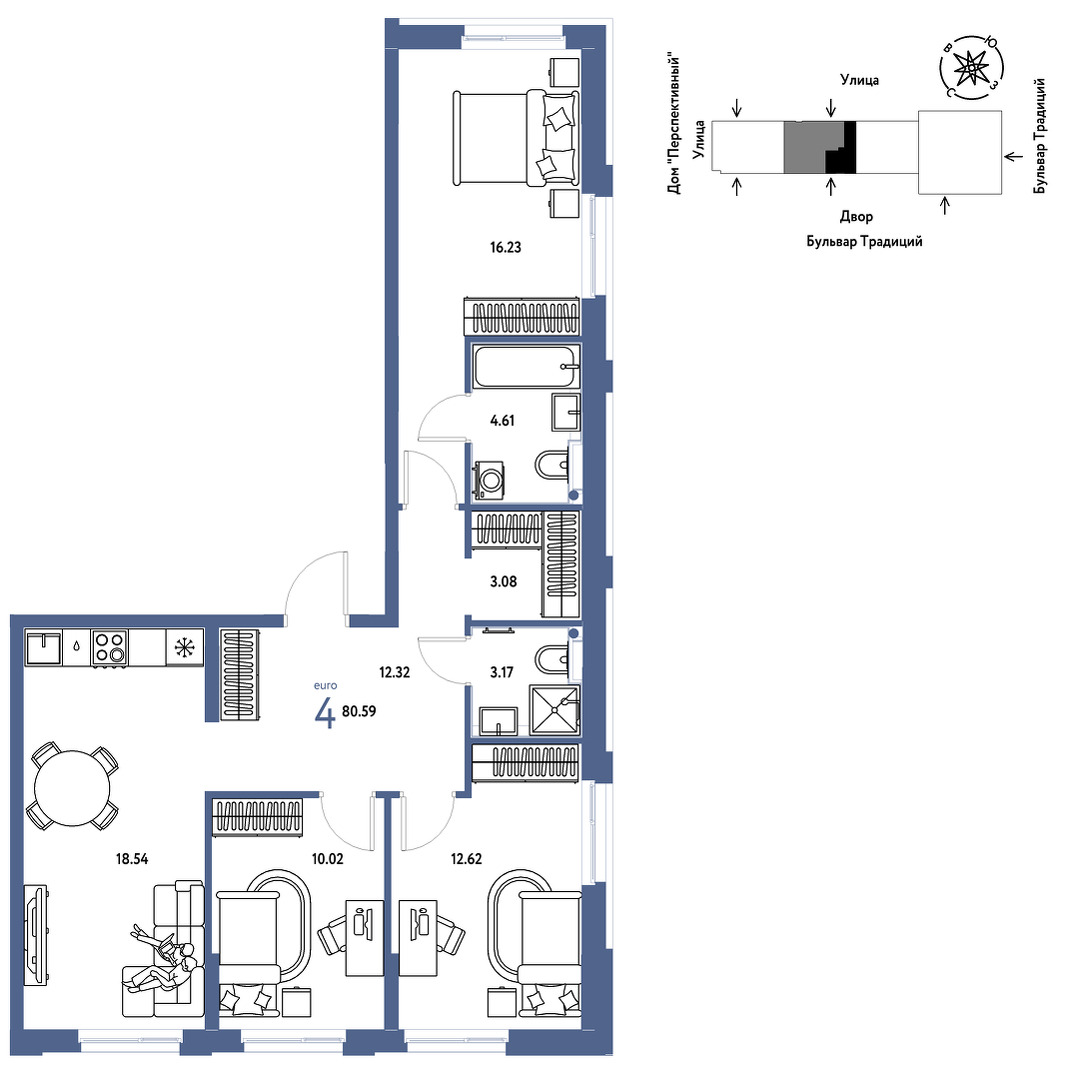 Планировка: 4-комнатная евро 80.6 м² в ЖК Домашний, Плеханово