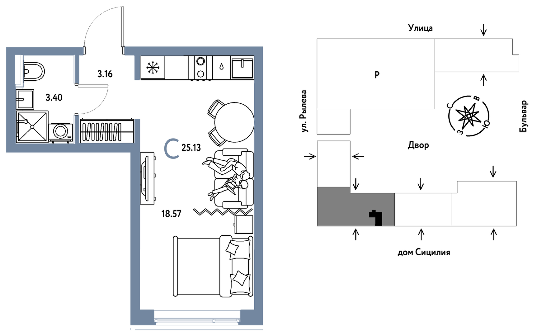 Планировка: Студия 25.1 м² в ЖК Остров-сад, ДОК