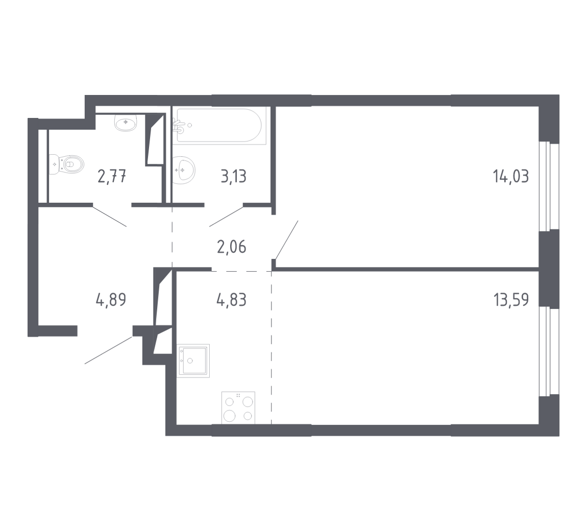 Планировка: Евродвушка 44.6 м² в ЖК Чаркова 72, Мыс