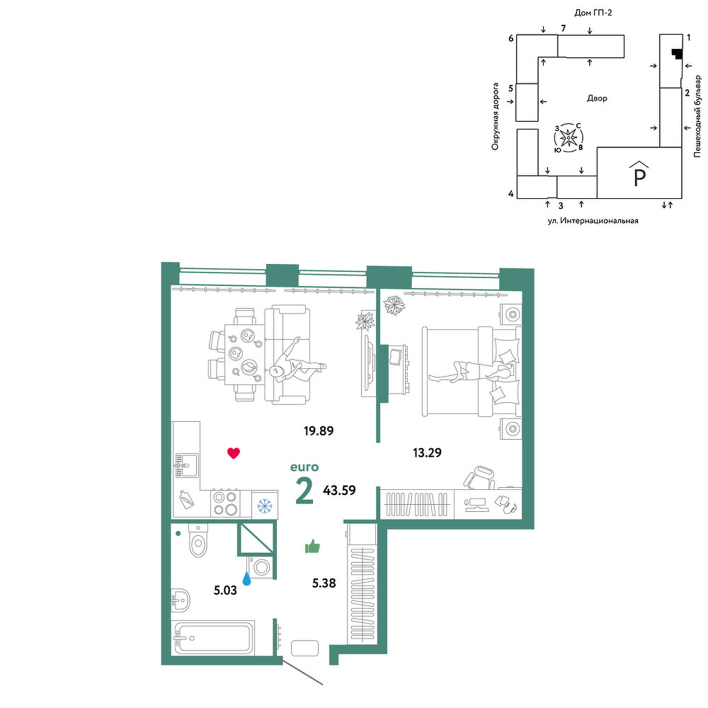 Планировка: Евродвушка 43.6 м² в ЖК Юнион, Плеханово