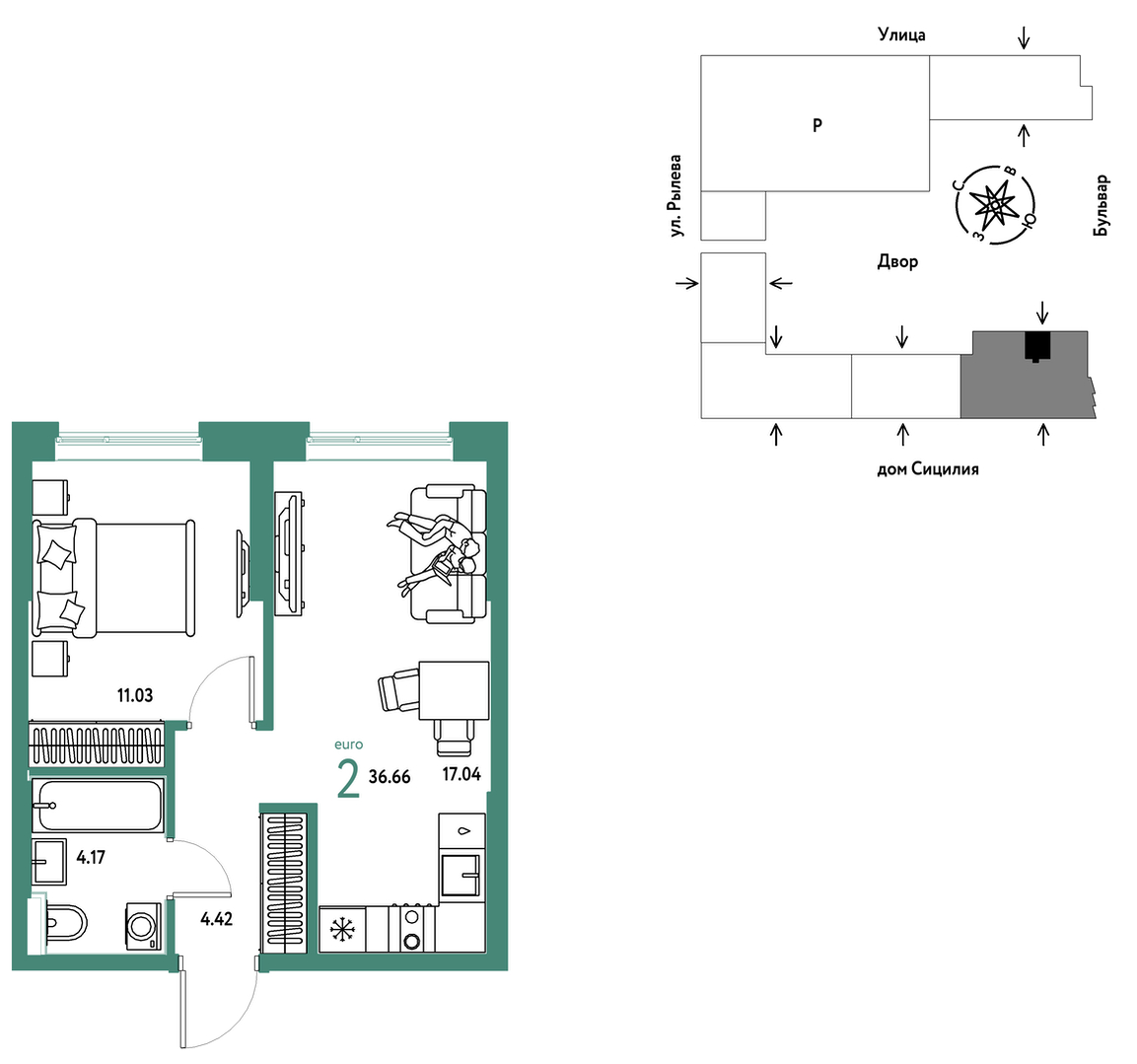 Планировка: Евродвушка 36.7 м² в ЖК Остров-сад, ДОК