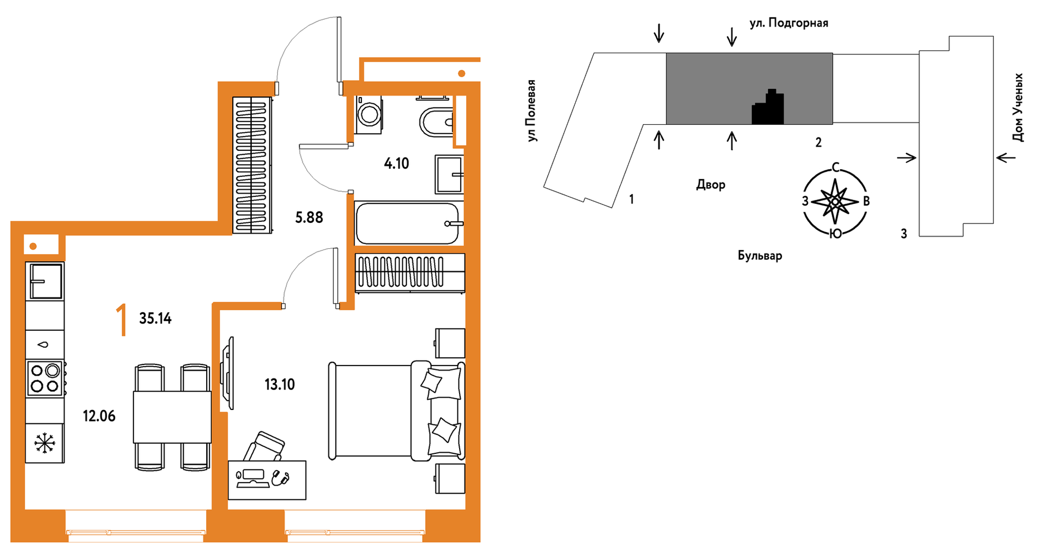 Планировка: 1-комнатная 35.1 м² в ЖК Авторский, Дом Обороны