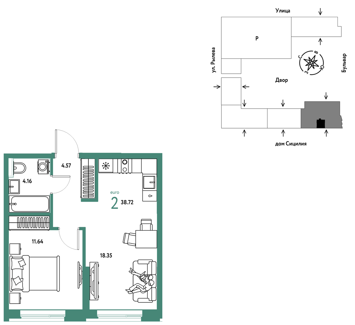 Планировка: Евродвушка 38.7 м² в ЖК Остров-сад, ДОК