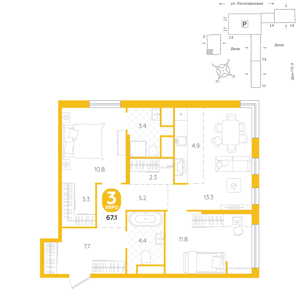 Планировка: Евротрешка 67.1 м² в ЖК Чистые пруды, Лесобаза: Тура