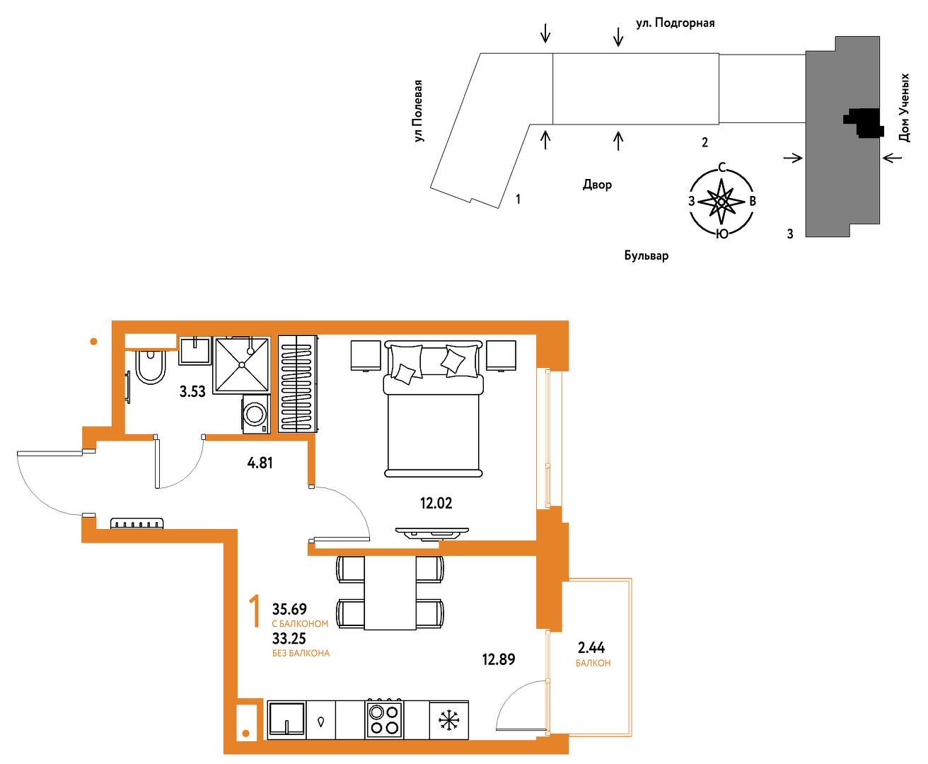 Планировка: 1-комнатная 35.7 м² в ЖК Авторский, Дом Обороны