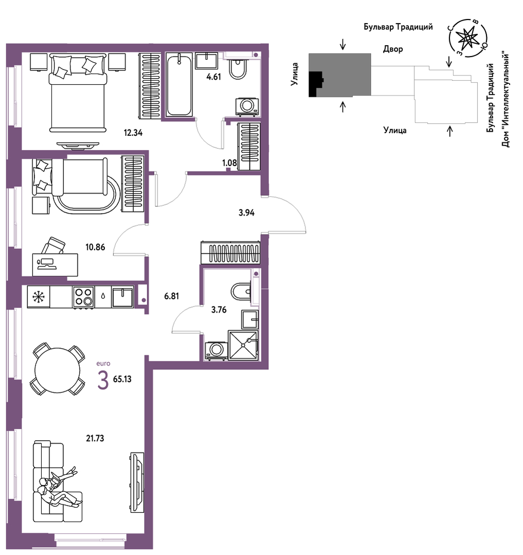 Планировка: Евротрешка 65.1 м² в ЖК Домашний, Плеханово