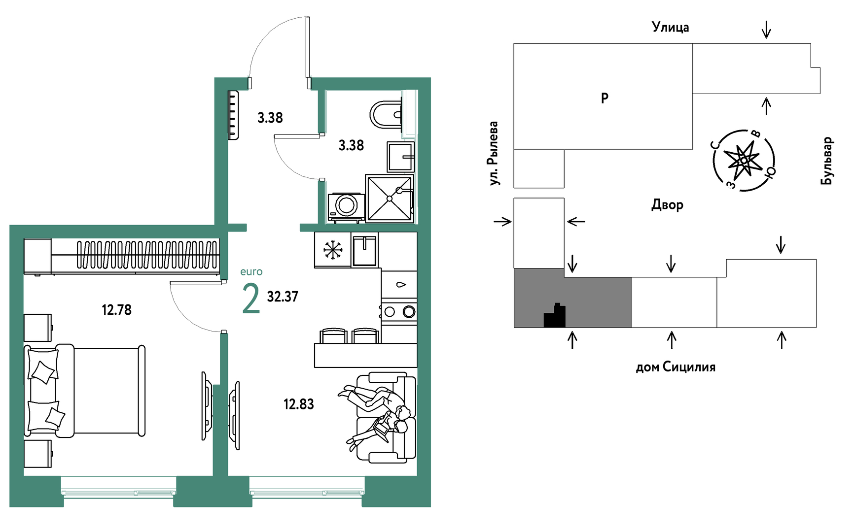 Планировка: 1-комнатная 32.4 м² в ЖК Остров-сад, ДОК