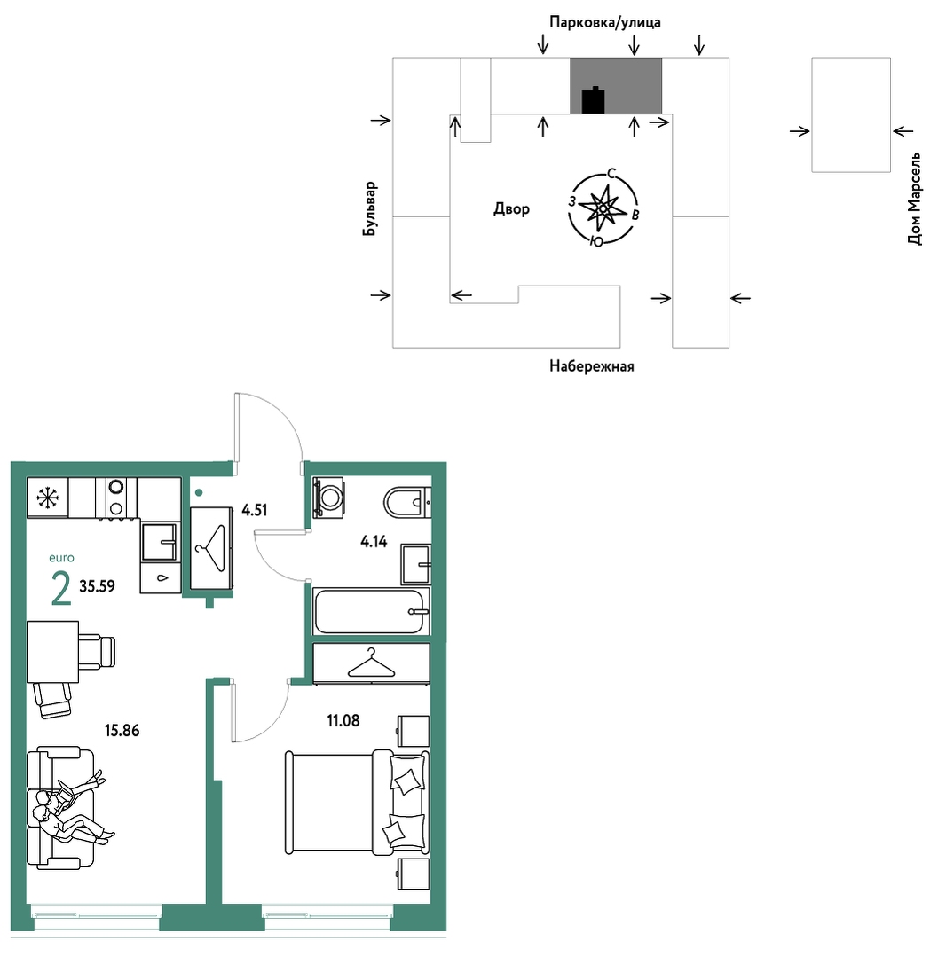 Планировка: Евродвушка 35.6 м² в ЖК Европейский берег 2.0, Европейский