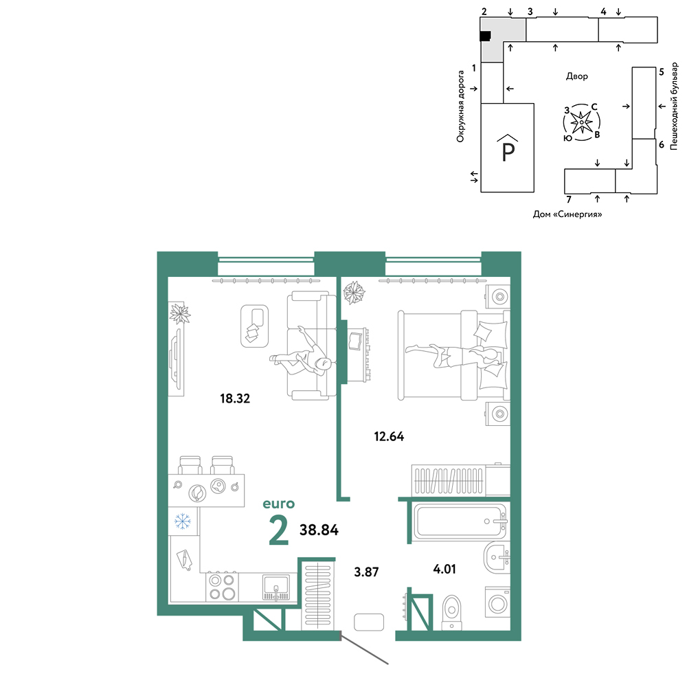 Планировка: Евродвушка 38.8 м² в ЖК Юнион, Плеханово