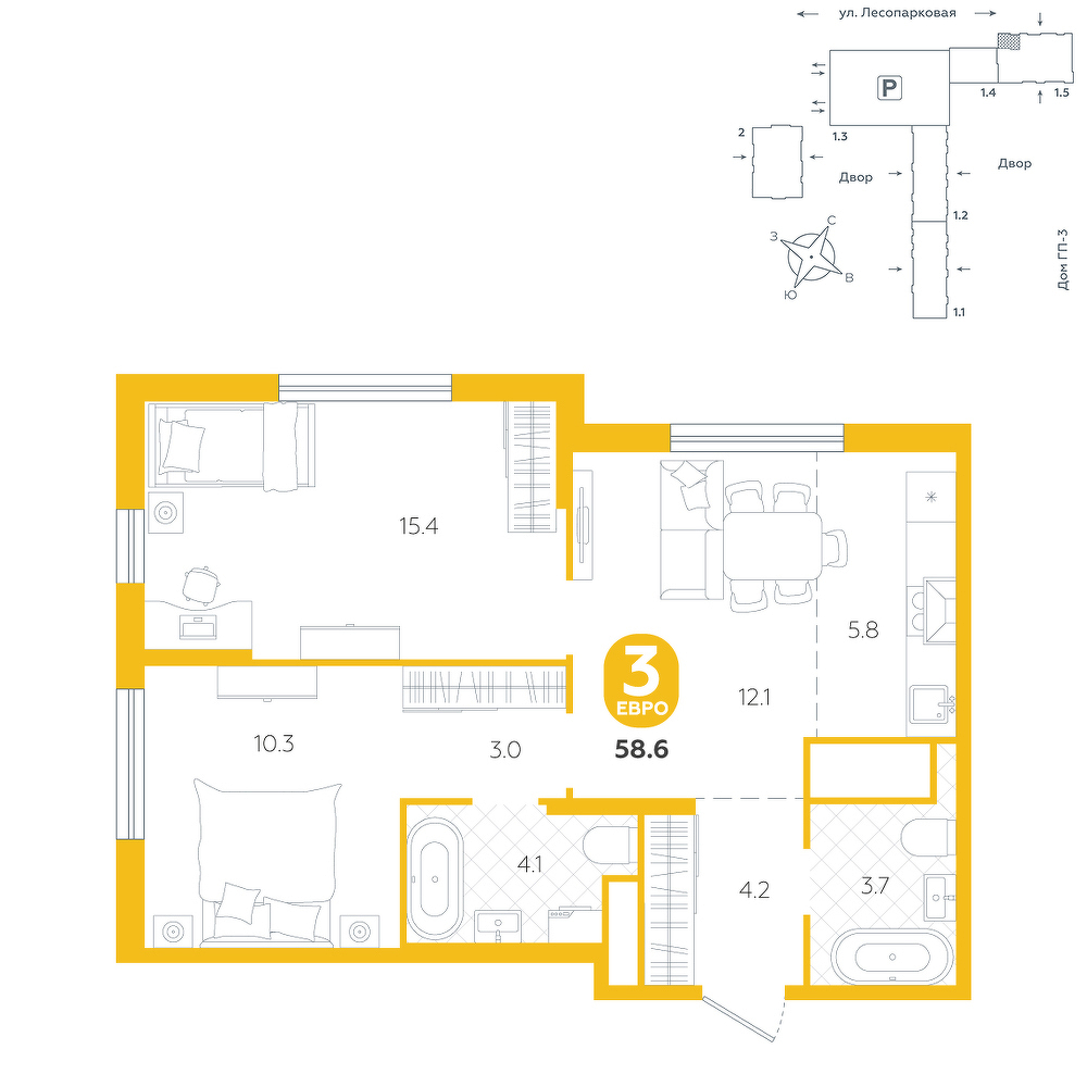 Планировка: Евротрешка 58.6 м² в ЖК Чистые пруды, Лесобаза: Тура