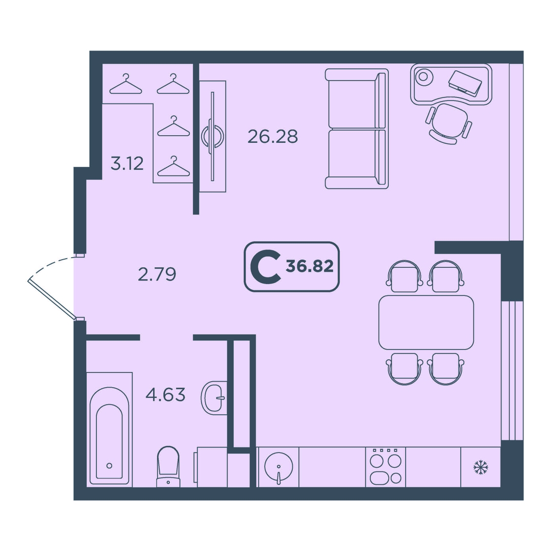 Планировка: Студия 36.8 м² в ЖК Континент, Червишевский тракт