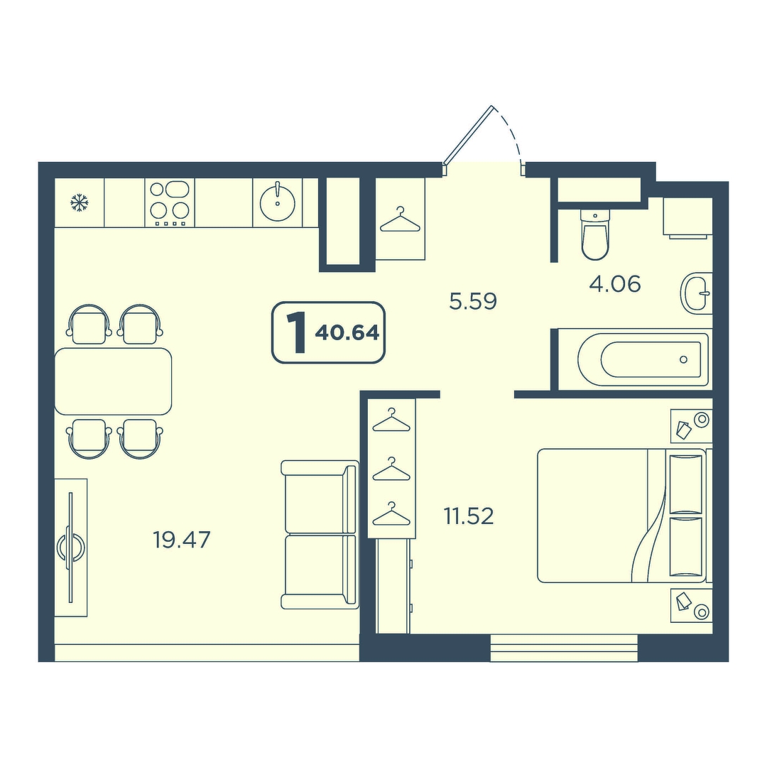 Планировка: Евродвушка 40.6 м² в ЖК Континент, Червишевский тракт