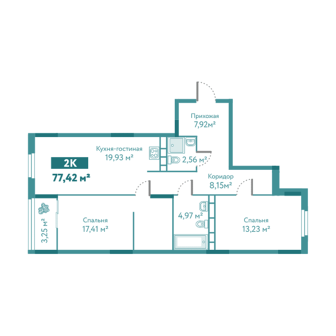 Планировка: Евротрешка 77.4 м² в ЖК Акватория, Лесобаза