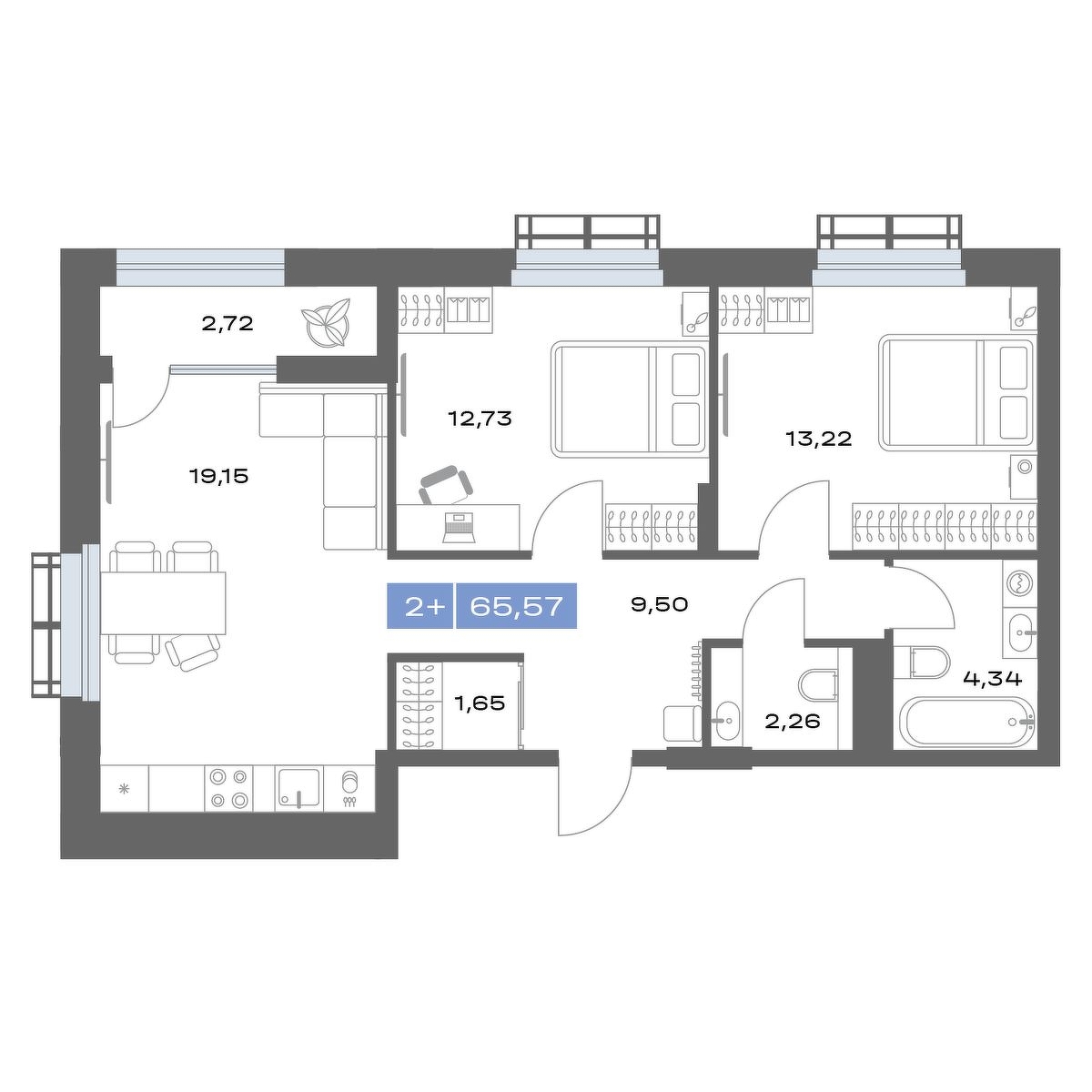 Планировка: Евротрешка 65.6 м² в ЖК Дом на ММС, ММС