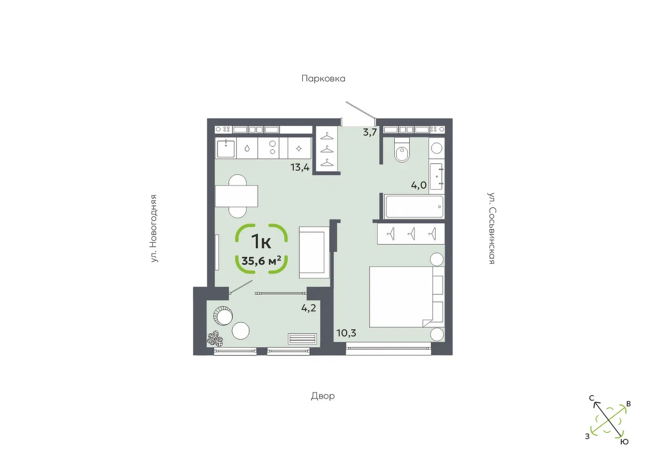 Планировка: Евродвушка 35.6 м² в ЖК Свой, Югра