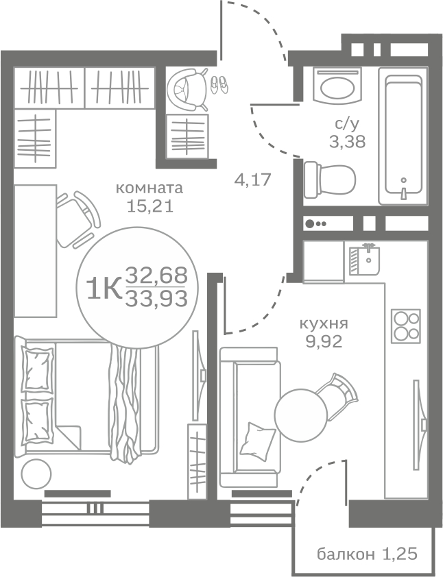 Планировка: 1-комнатная 32.7 м² в ЖК Меридиан Юг, Патрушева