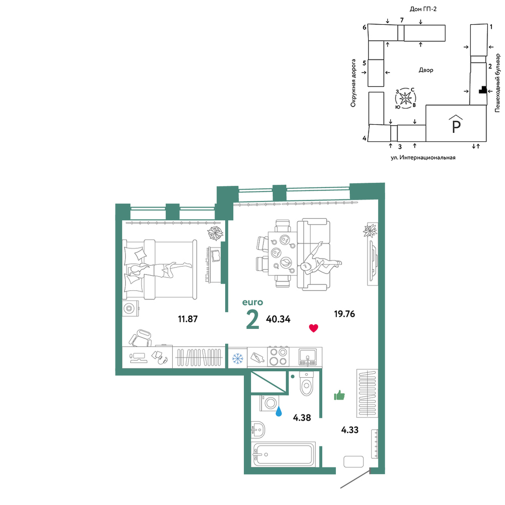 Планировка: Евродвушка 40.3 м² в ЖК Юнион, Плеханово
