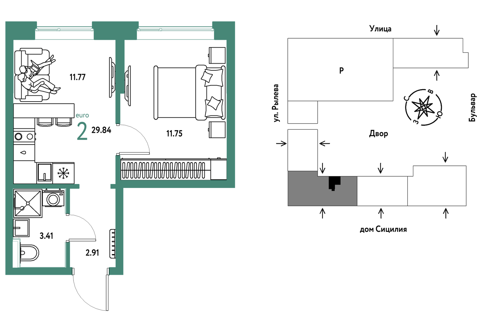 Планировка: 1-комнатная 29.8 м² в ЖК Остров-сад, ДОК