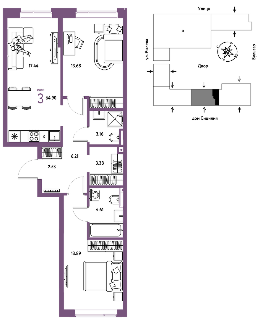 Планировка: Евротрешка 64.9 м² в ЖК Остров-сад, ДОК