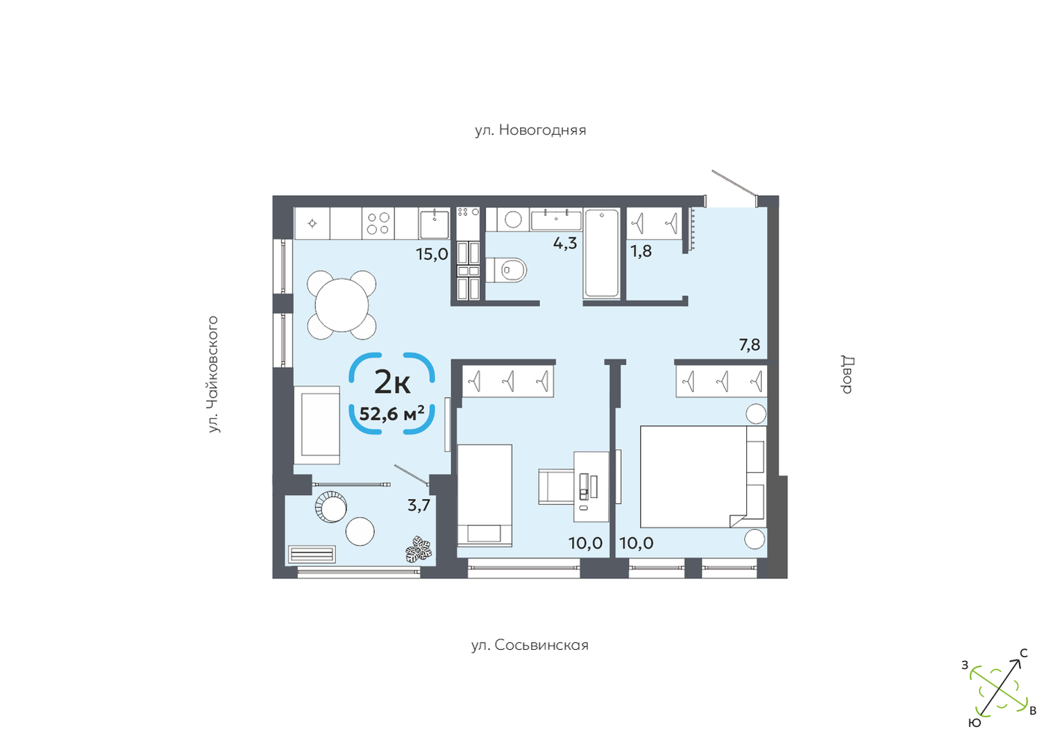 Планировка: Евротрешка 52.6 м² в ЖК Свой, Югра