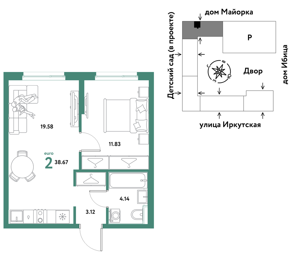 Планировка: Евродвушка 38.7 м² в ЖК Остров-сад, ДОК