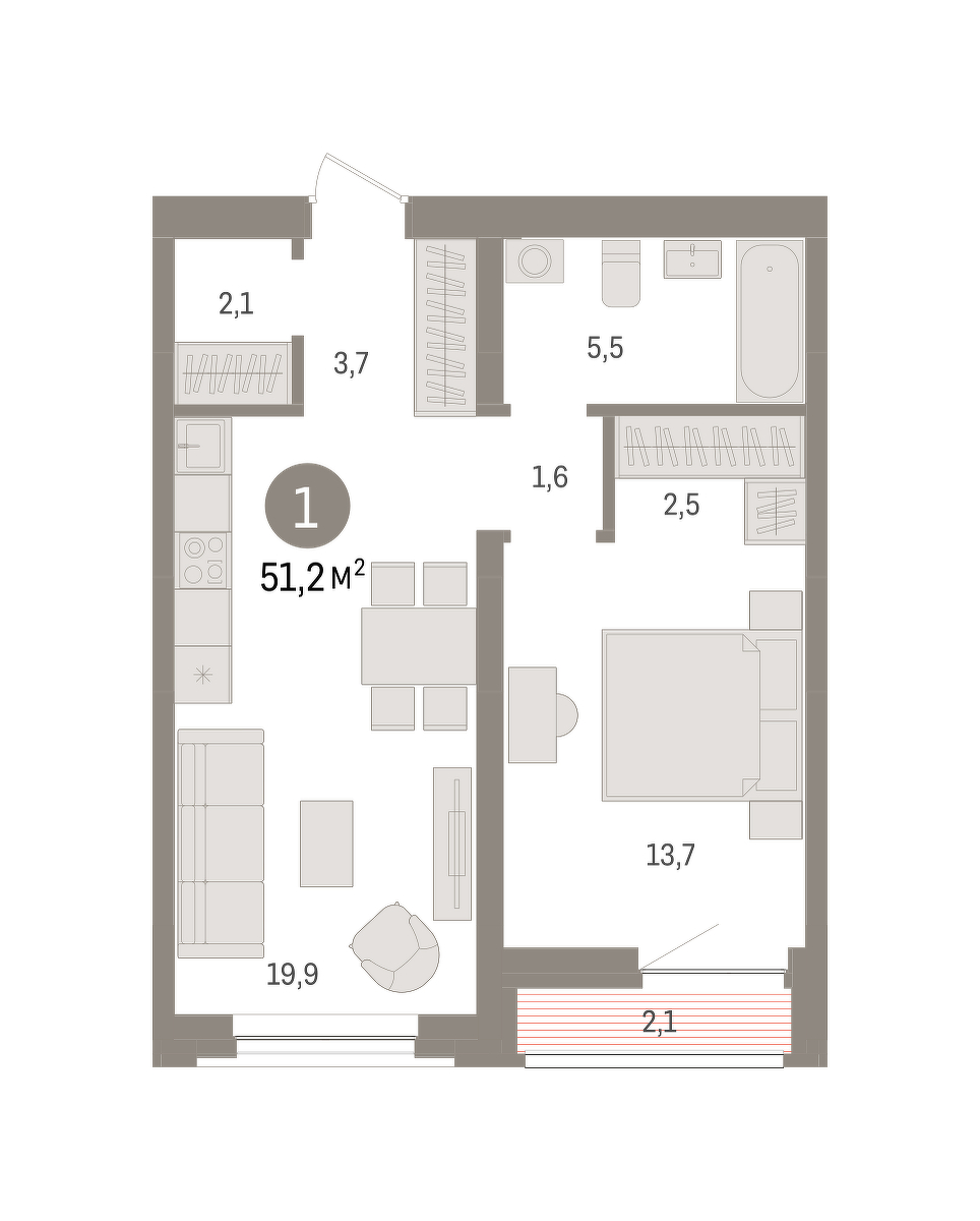 Планировка: Евродвушка 50.8 м² в ЖК Речной порт, Центр: Дом печати