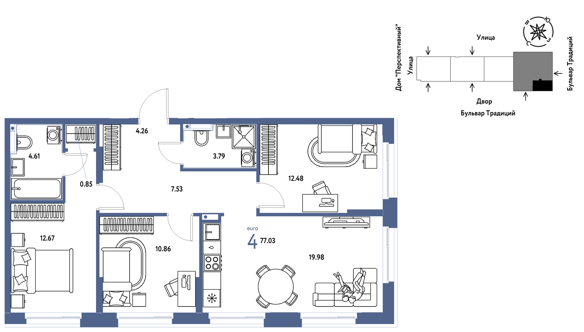 Планировка: 4-комнатная евро 77.1 м² в ЖК Домашний, Плеханово