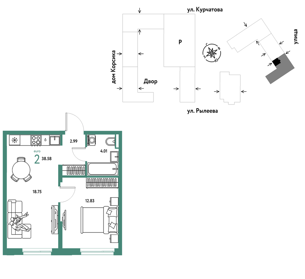 Планировка: Евродвушка 38.8 м² в ЖК Остров-сад, ДОК