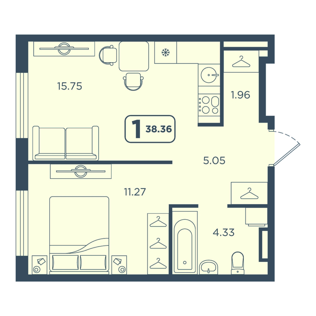 Планировка: Евродвушка 38.4 м² в ЖК Континент, Червишевский тракт