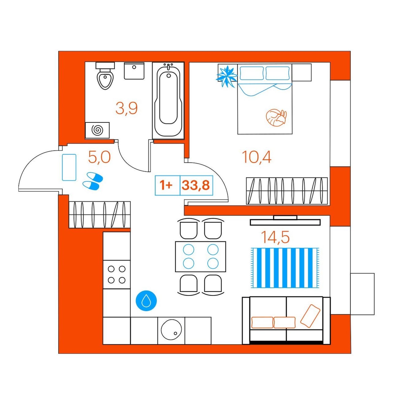 Планировка: Евродвушка 33.8 м² в ЖК Supersky, Ватутина