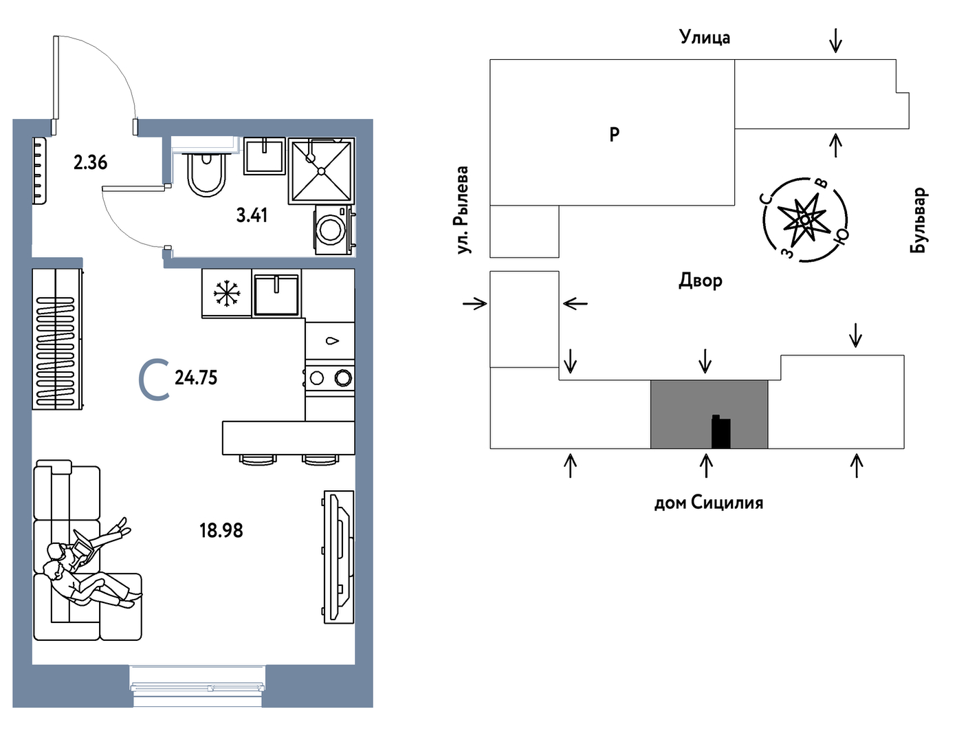 Планировка: Студия 24.8 м² в ЖК Остров-сад, ДОК