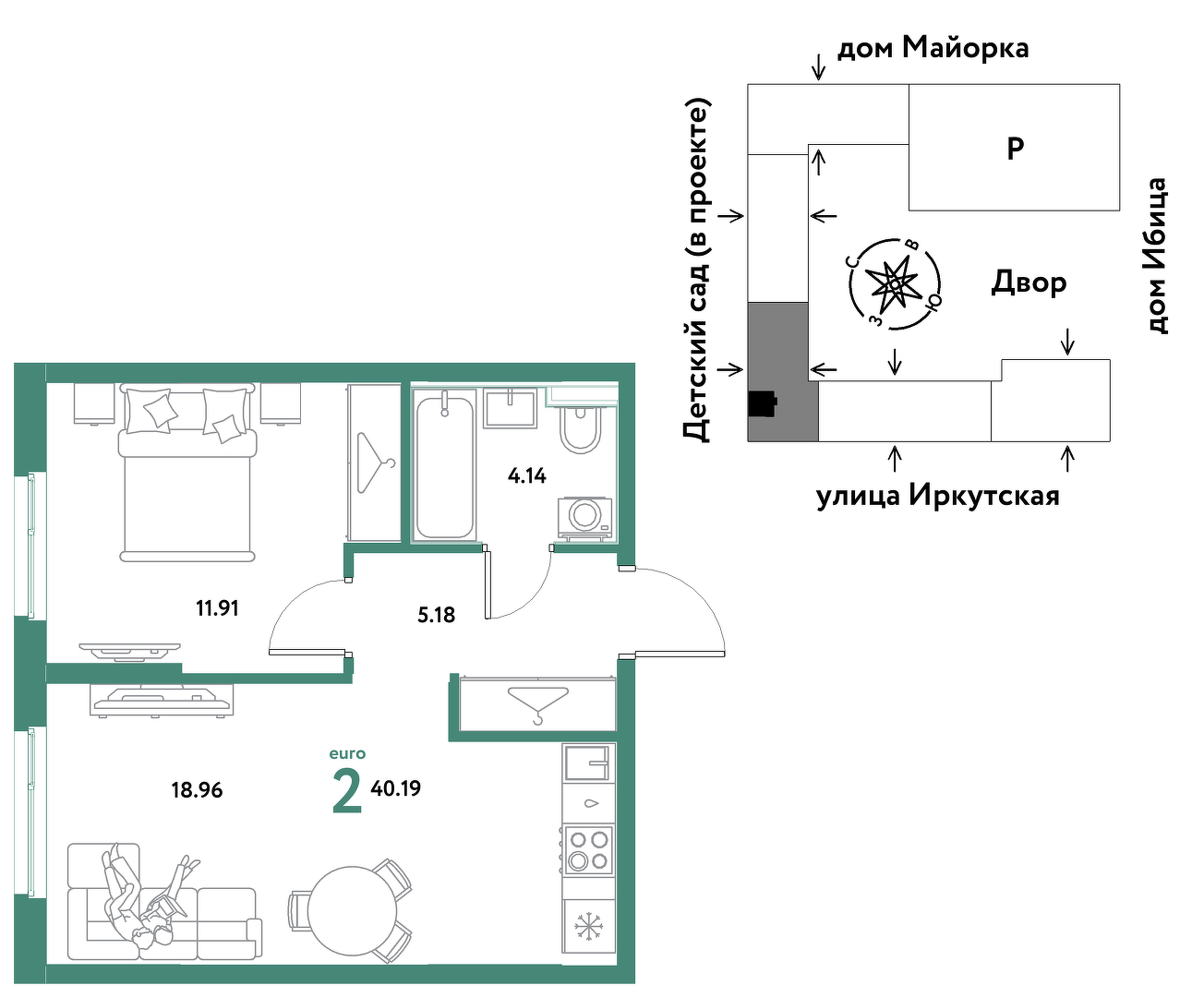 Планировка: Евродвушка 40.2 м² в ЖК Остров-сад, ДОК