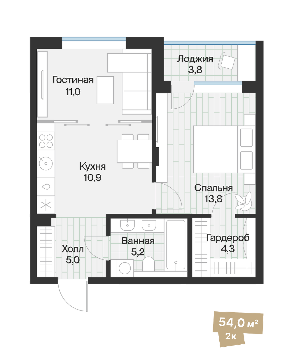 Планировка: Евродвушка 52 м² в ЖК Эклипт, Рощино