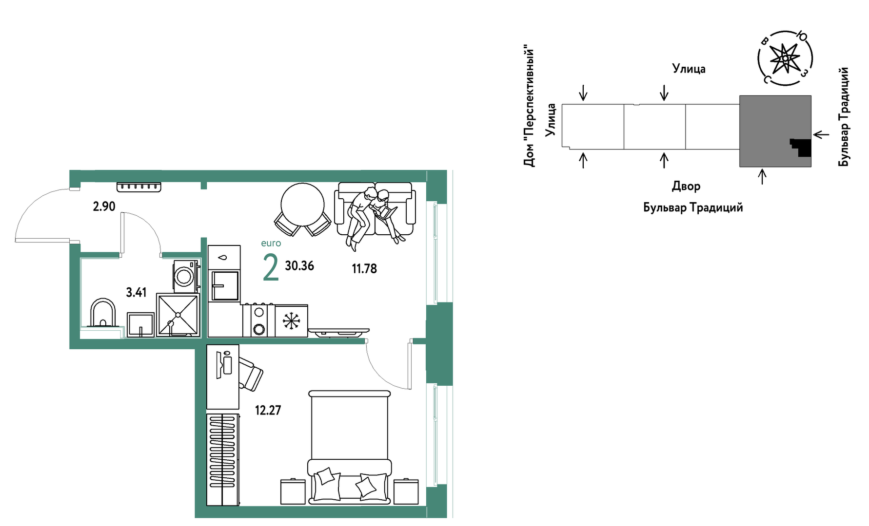 Планировка: 1-комнатная 30.4 м² в ЖК Домашний, Плеханово