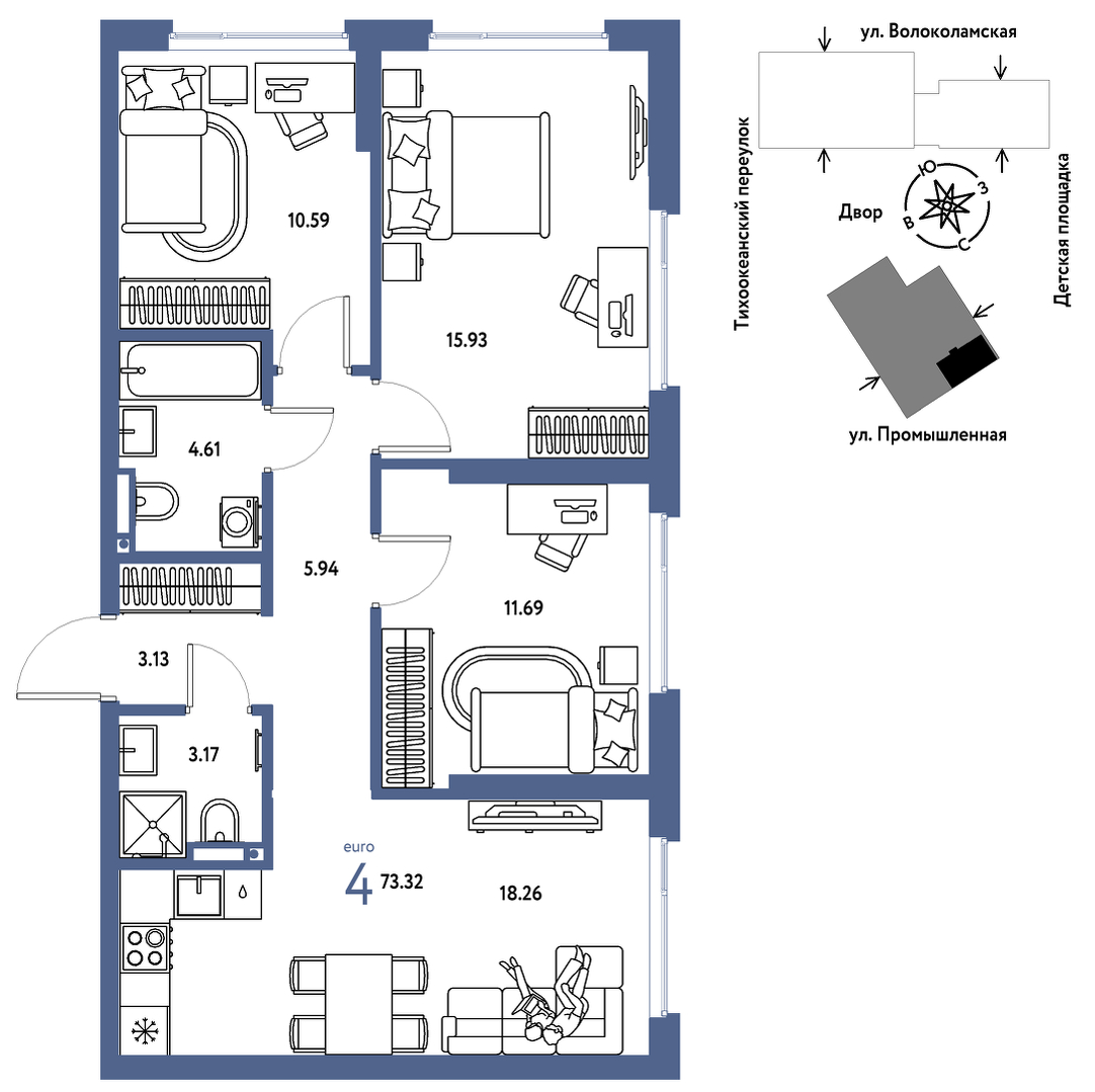 Планировка: 4-комнатная евро 73.3 м² в ЖК Страна. Прибрежная, Центр: Студгородок