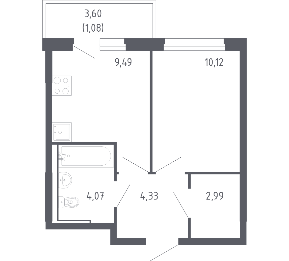 Планировка: 1-комнатная 32.1 м² в ЖК Чаркова 72, Мыс