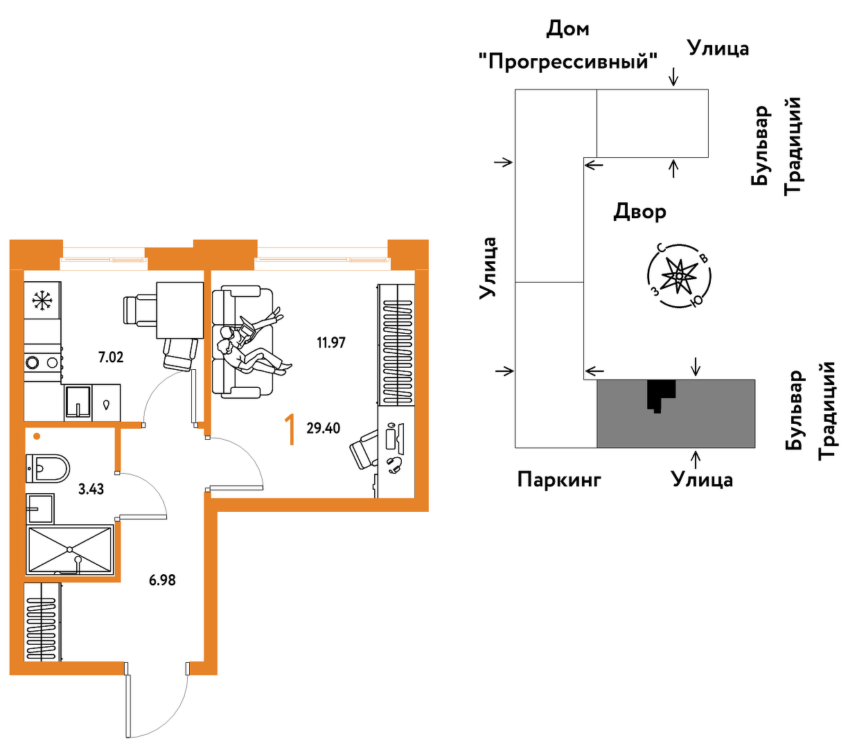 Планировка: 1-комнатная 29.4 м² в ЖК Домашний, Плеханово