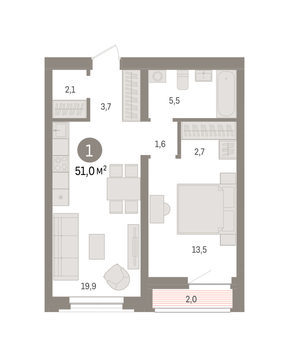 Планировка: Евродвушка 51 м² в ЖК Речной порт, Центр: Дом печати
