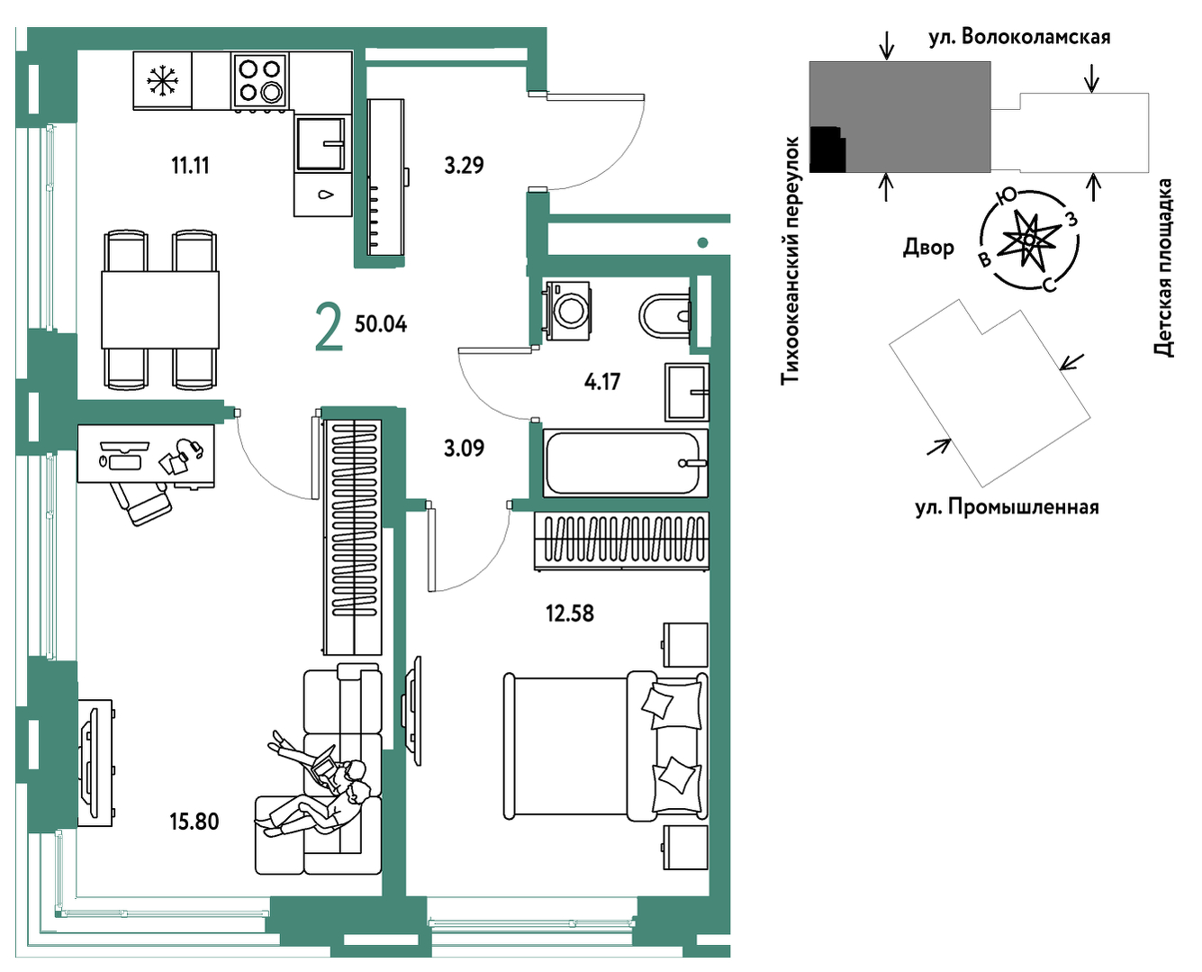 Планировка: 2-комнатная 50 м² в ЖК Страна. Прибрежная, Центр: Студгородок