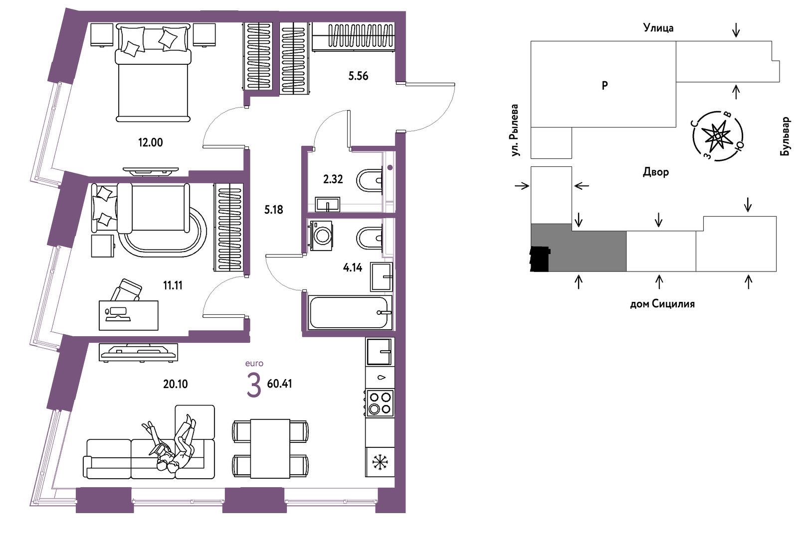 Планировка: 2-комнатная 60.4 м² в ЖК Остров-сад, ДОК