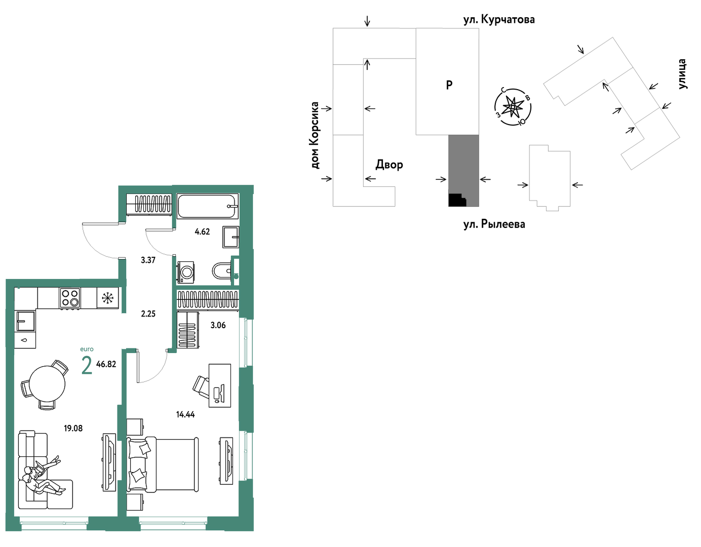 Планировка: Евродвушка 46.8 м² в ЖК Остров-сад, ДОК