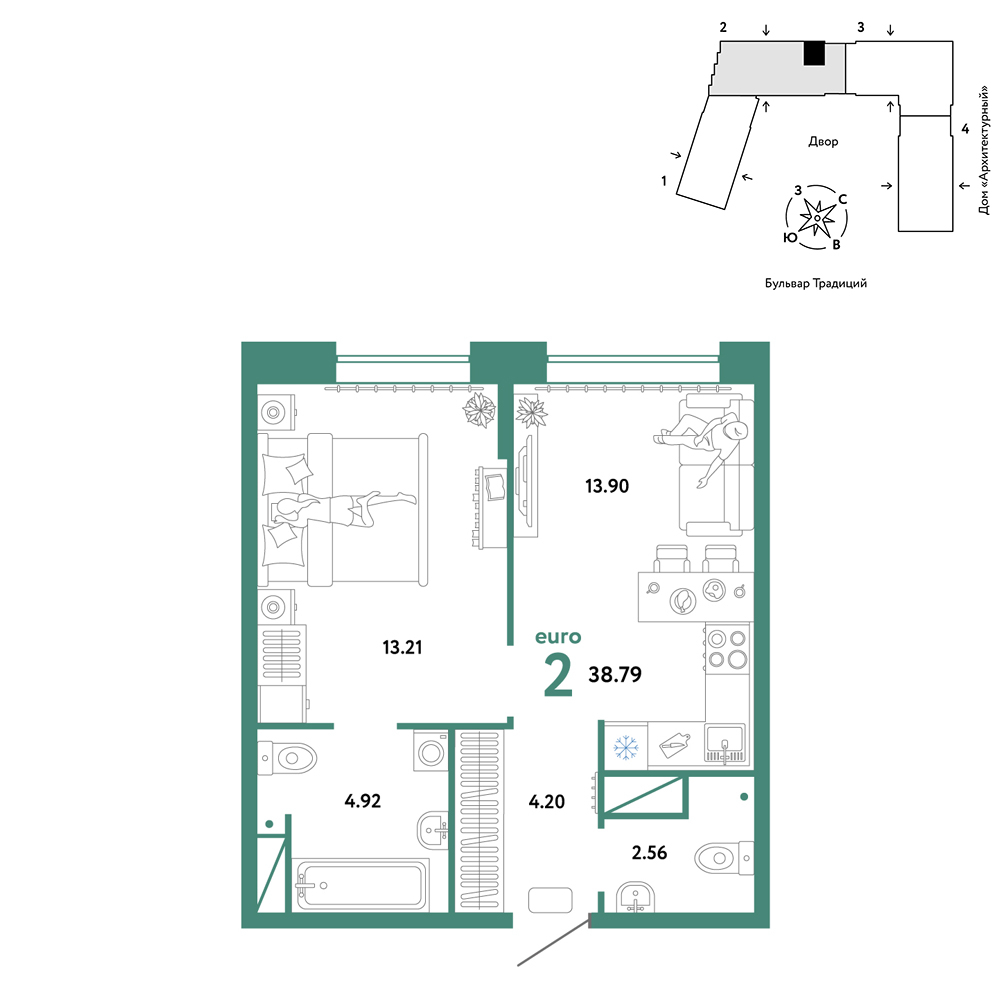 Планировка: Евродвушка 38.8 м² в ЖК Домашний, Плеханово