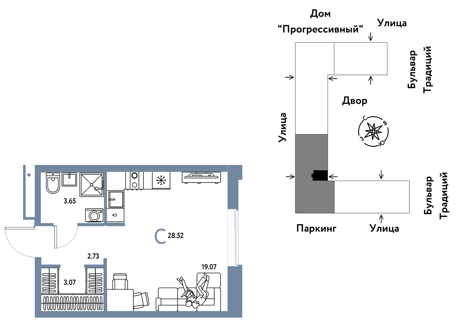 Планировка: Студия 28.5 м² в ЖК Домашний, Плеханово