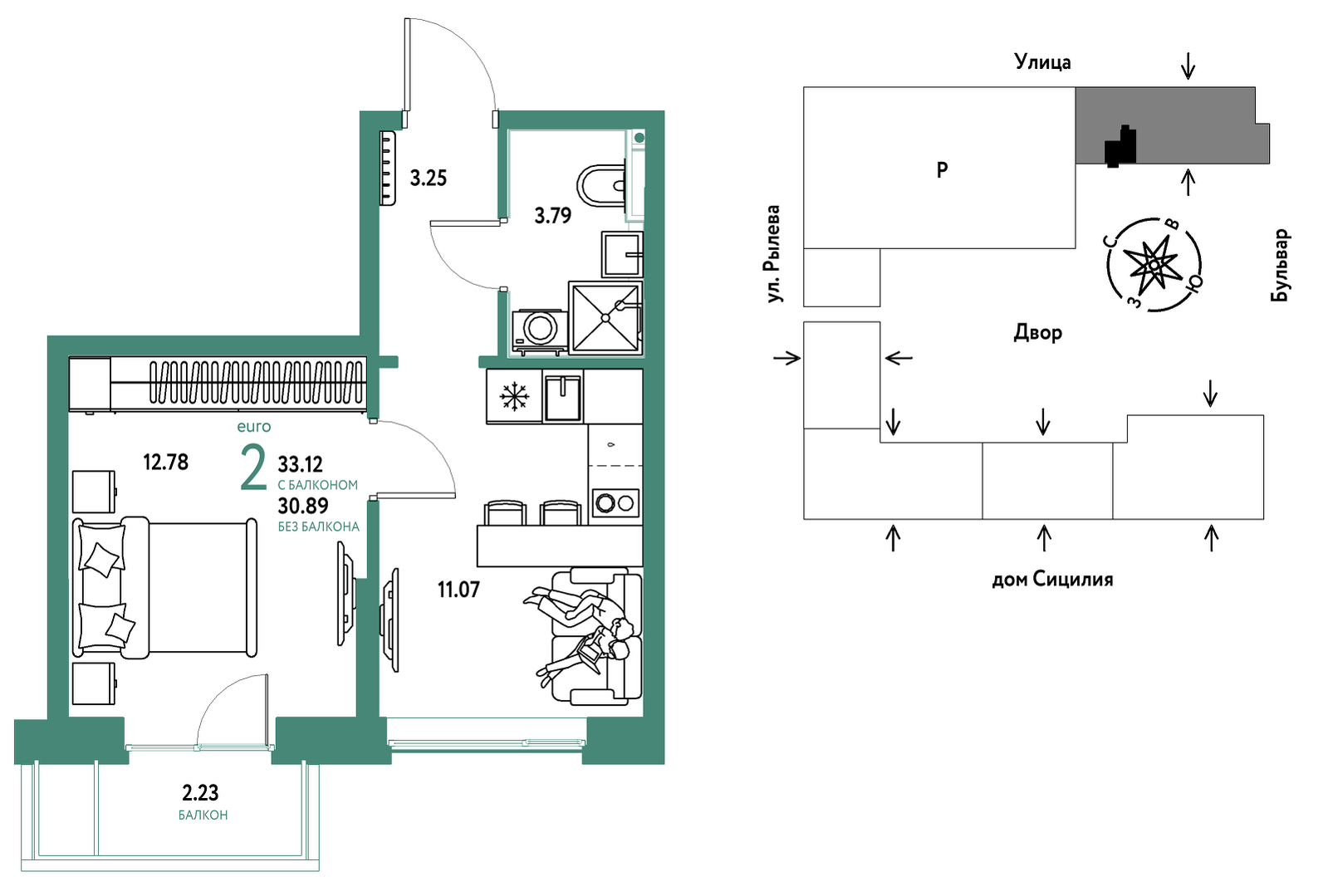 Планировка: 1-комнатная 33.1 м² в ЖК Остров-сад, ДОК