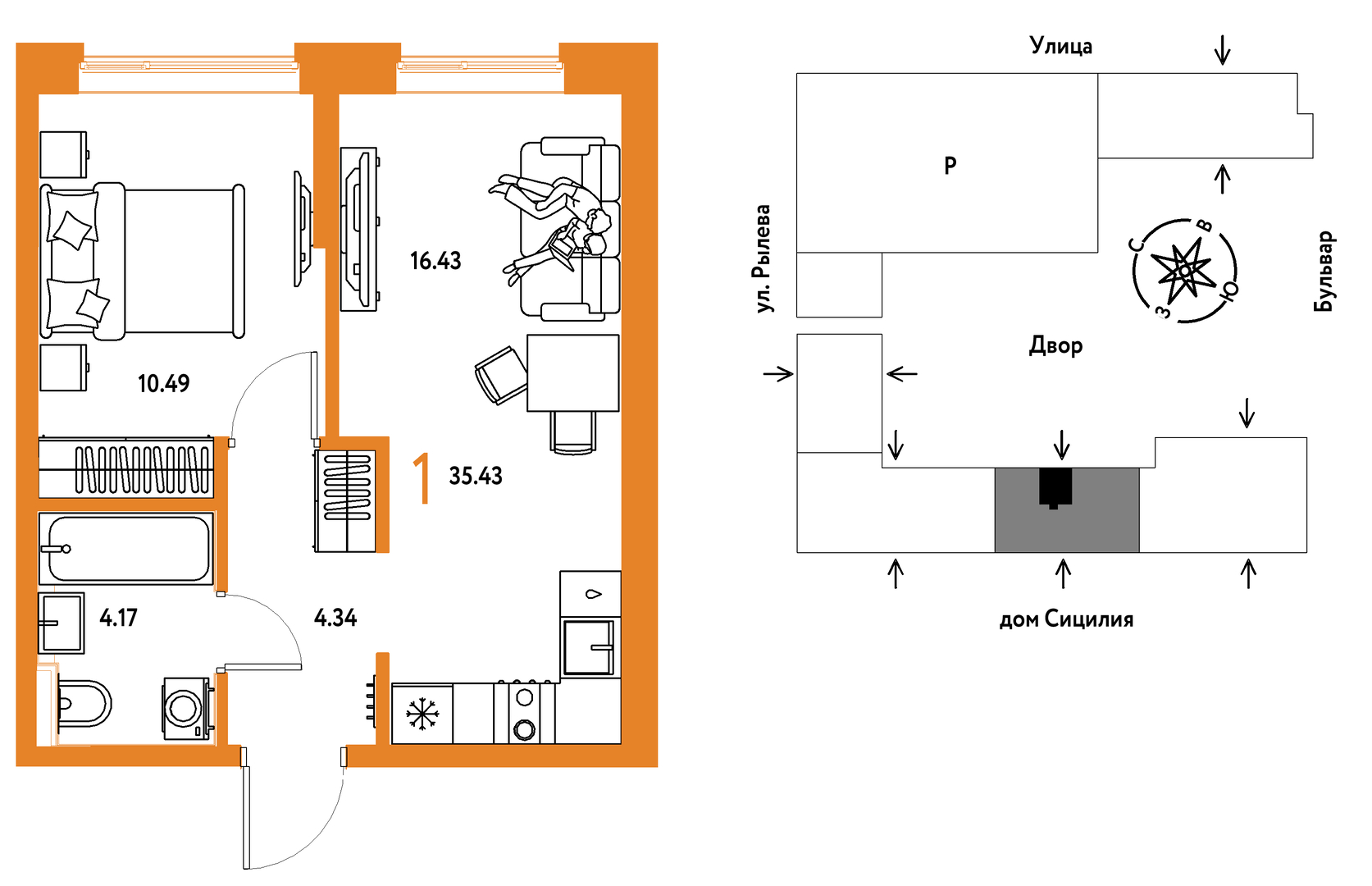 Планировка: Евродвушка 35.4 м² в ЖК Остров-сад, ДОК