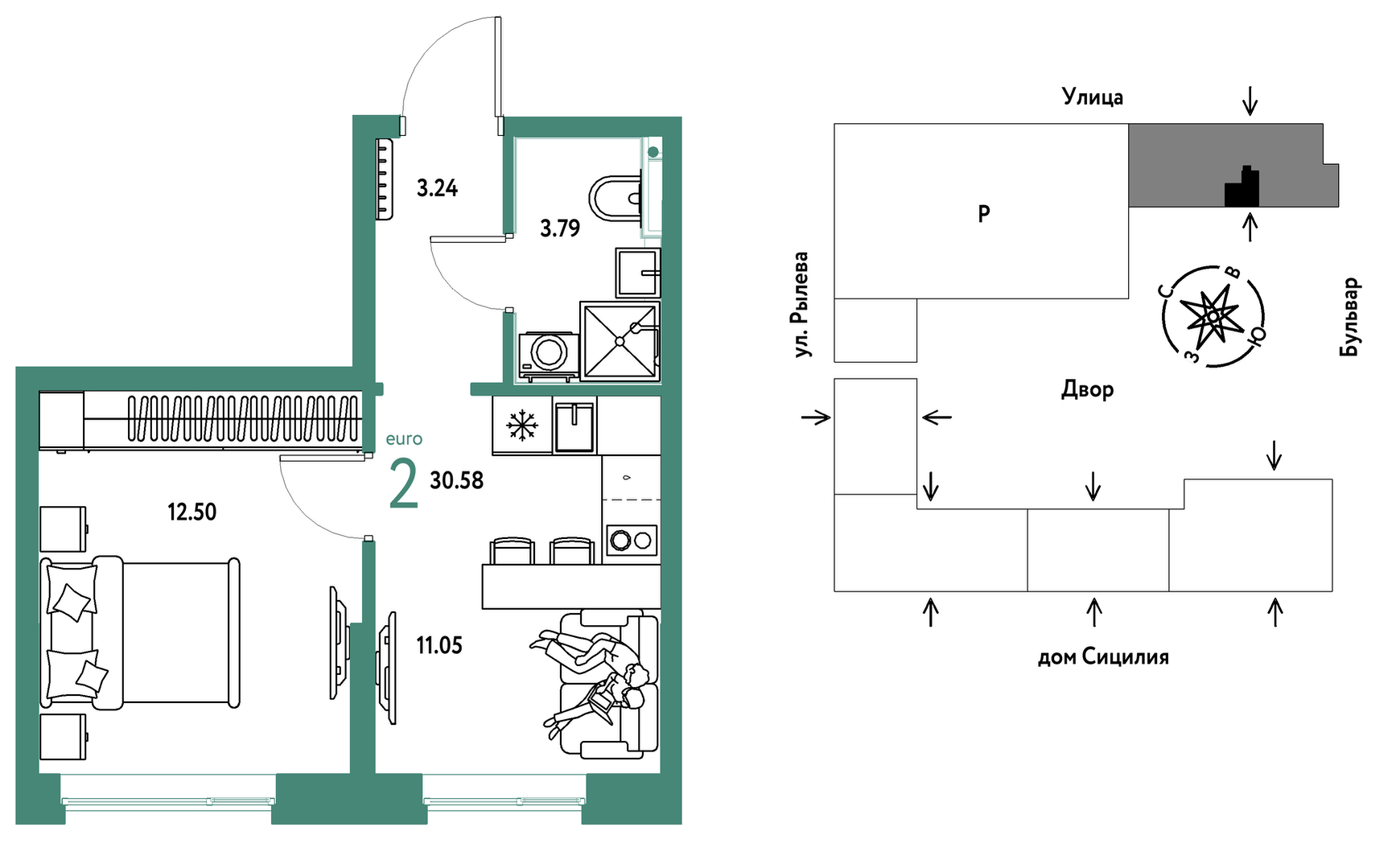 Планировка: 1-комнатная 30.6 м² в ЖК Остров-сад, ДОК