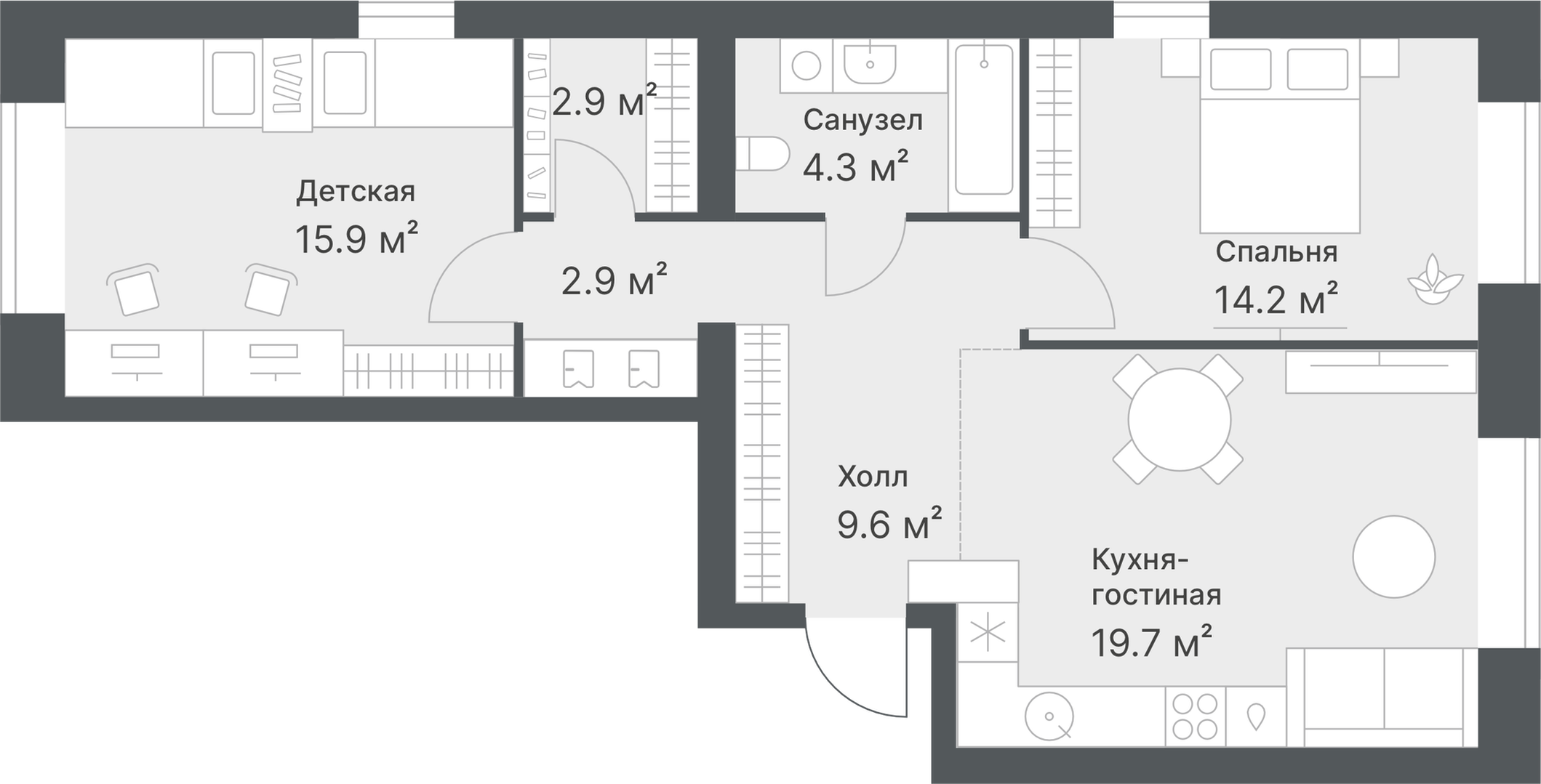Планировка: Евротрешка 69.5 м² в ЖК Дружеский, Плеханово