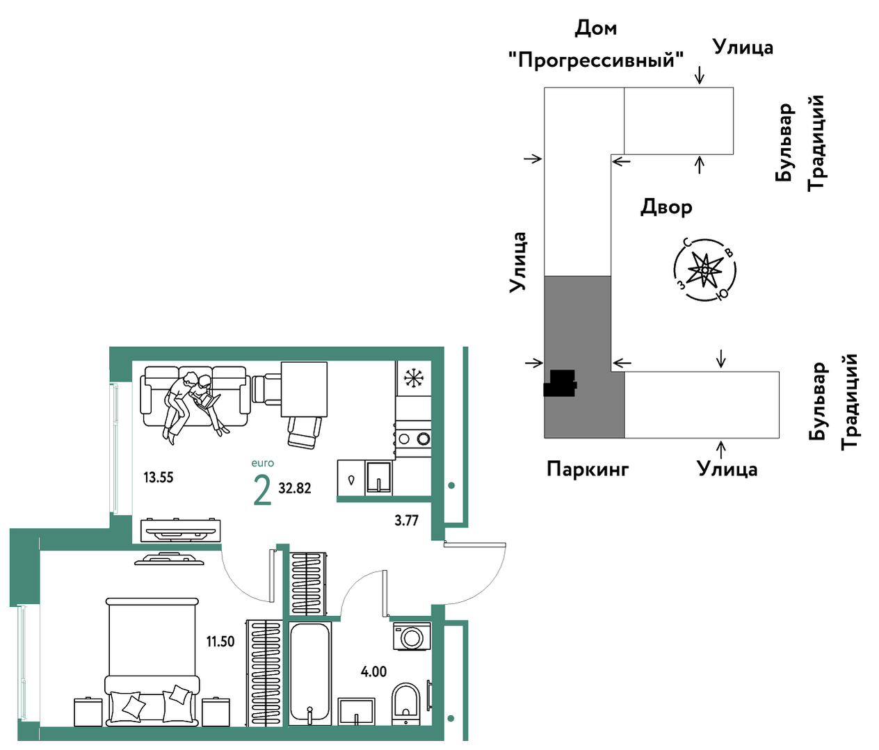 Планировка: Евродвушка 32.8 м² в ЖК Домашний, Плеханово