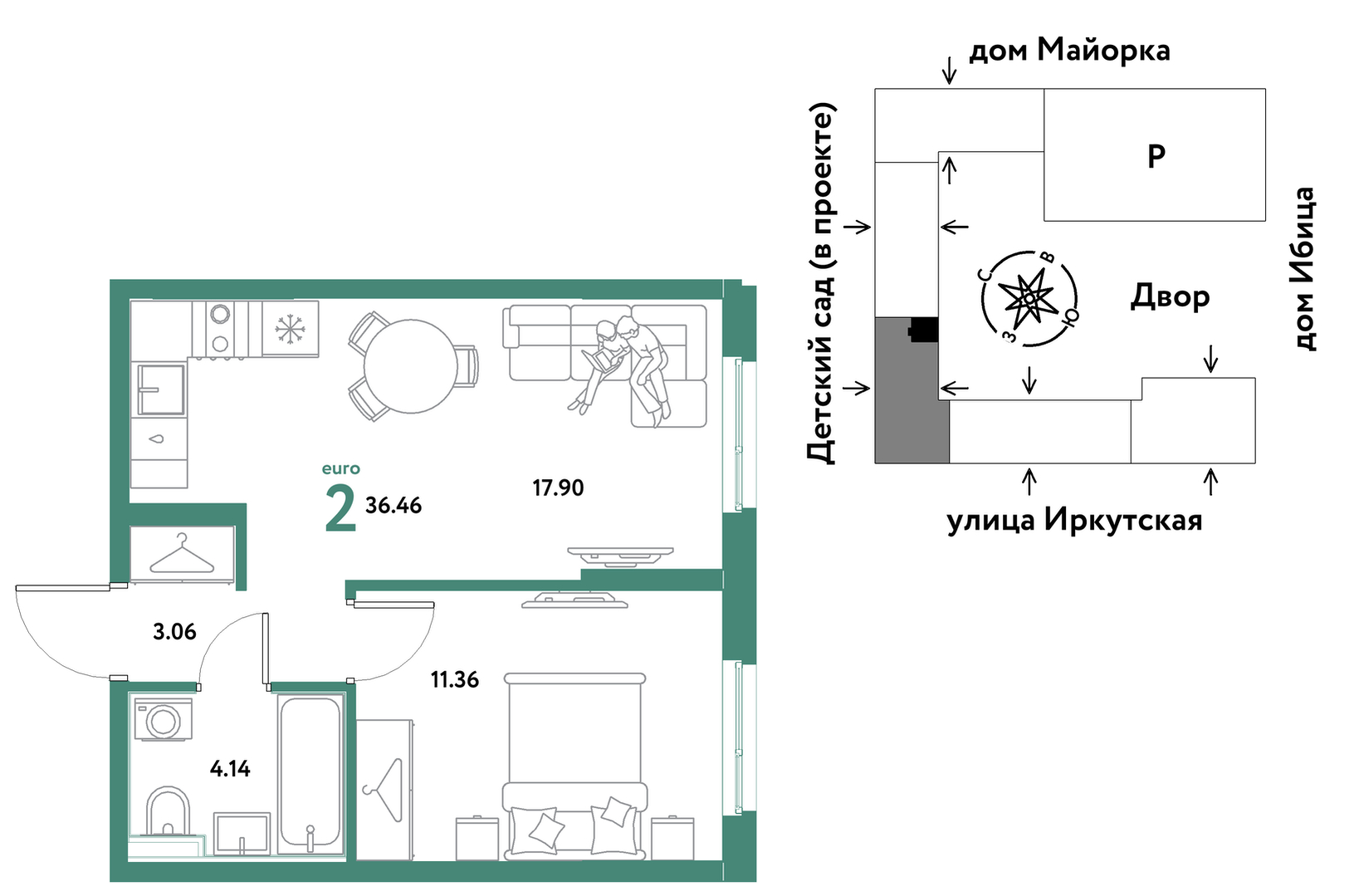 Планировка: Евродвушка 36.5 м² в ЖК Остров-сад, ДОК